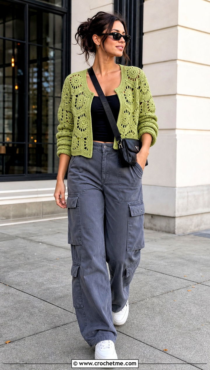 Hexagon Crop Crochet Cardigan With Cargo Pants - 25 crop crochet cardigan outfit ideas