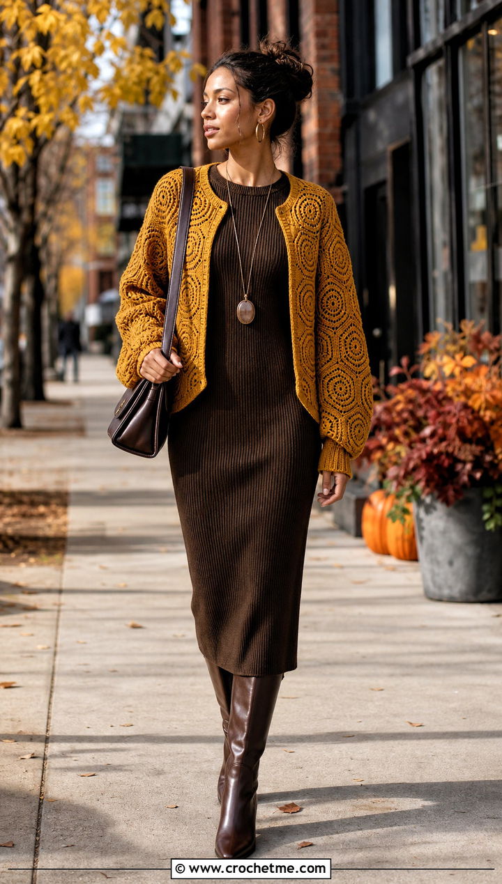 Hexagon Cropped Cardigan With Column Dress - 25 crocheted cropped cardigan outfit ideas