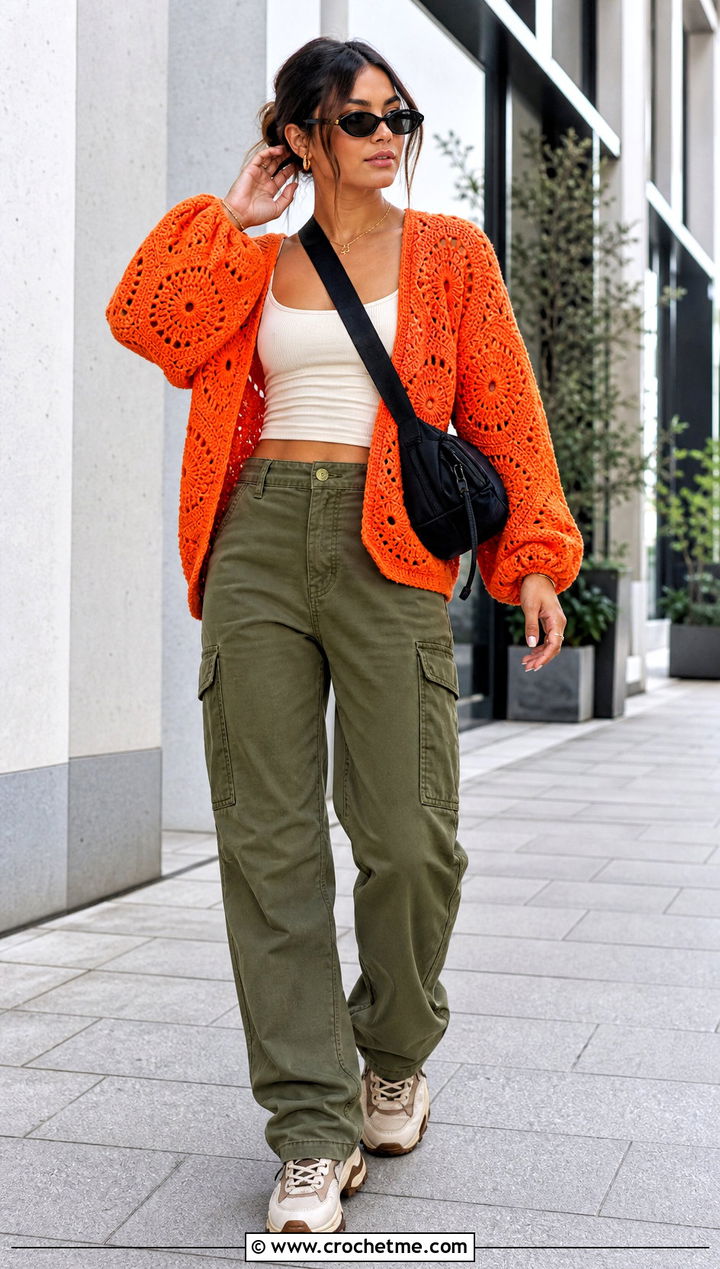 Hexagon Double Crochet Cardigan With Cargo Pants - 25 Double Crochet Cardigan outfit ideas