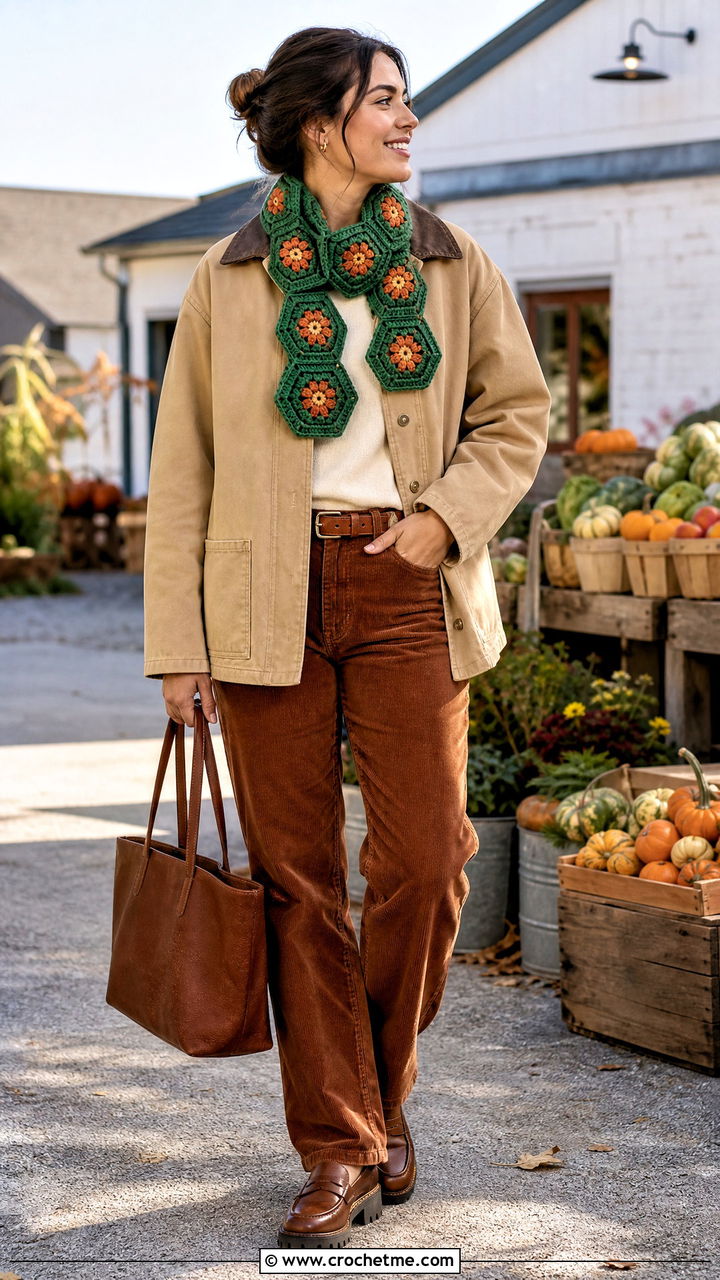 Hexagon Flower Crochet Scarf With Barn Jacket And Corduroy Pants - 35 crochet flower scarf outfit ideas
