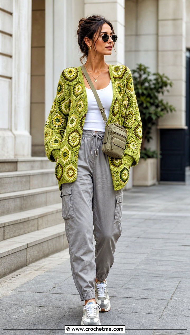 Hexagon Folklore Crochet Cardigan With Cargo Pants - 30 folklore crochet cardigan outfit ideas