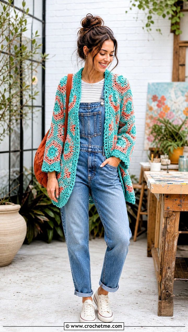 Hexagon Folklore Crochet Cardigan With Denim Overalls - 25 Taylor Swift Folklore Crochet Cardigan outfit ideas