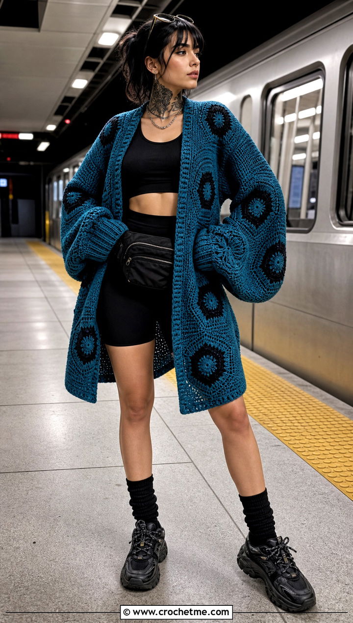 Hexagon Goth Crochet Cardigan With Biker Shorts - 15 goth crochet cardigan outfit ideas