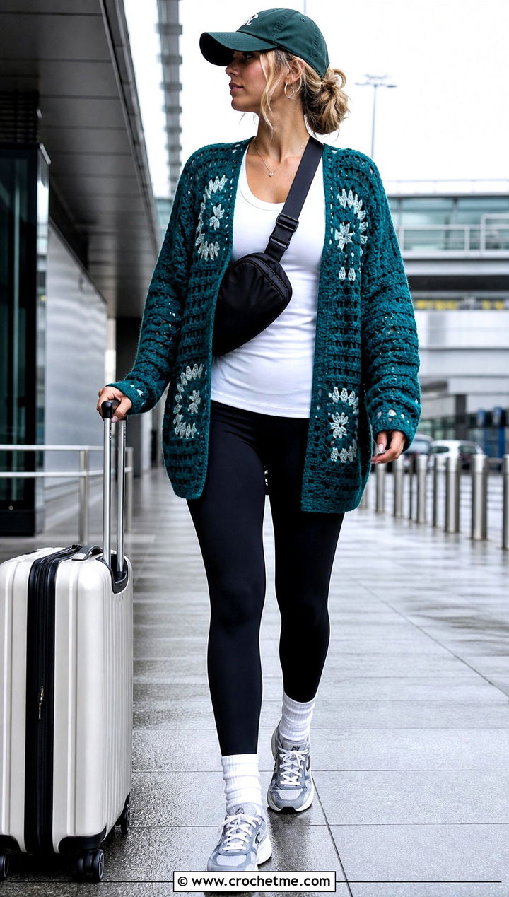 Hexagon Grandpa Crochet Cardigan With Leggings And Sneakers - 20 grandpa crochet cardigan outfit ideas