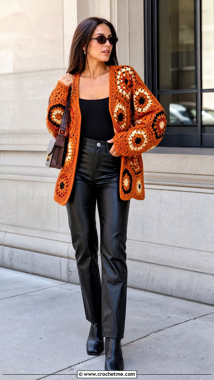Hexagon Granny Cardigan With Leather Pants - 35 crochet granny cardigan outfit ideas