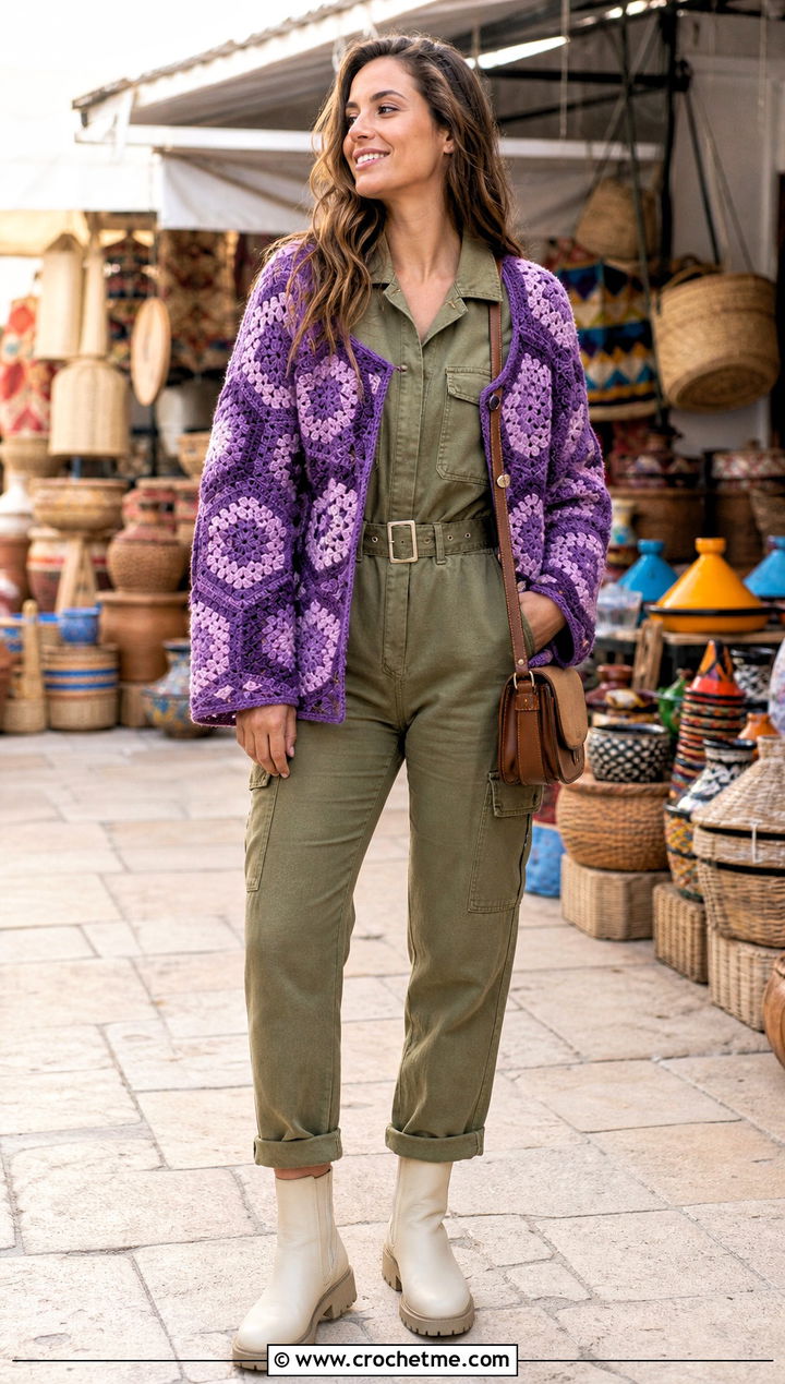 Hexagon Granny Cardigan With Utility Jumpsuit - 30 crochet granny squares cardigan outfit ideas
