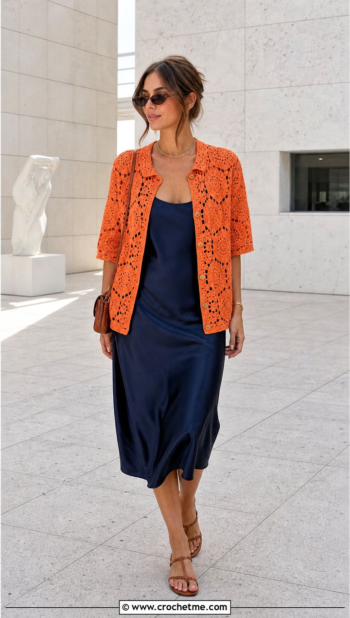 Hexagon Granny Crochet Button Down Shirt Over Slip Dress - 30 crochet button down shirt outfit ideas