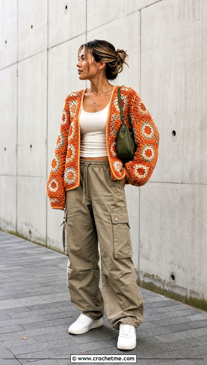 Hexagon Granny Jumper With Cargo Pants - 25 Crochet Granny Jumper outfit ideas