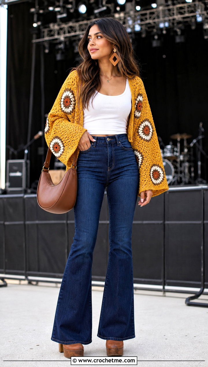 Hexagon Granny Shrug With Flared Jeans - 25 Crochet Granny Shrug outfit ideas