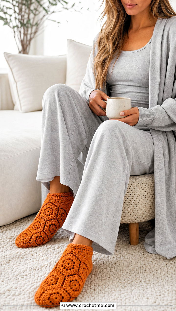 Hexagon Granny Slipper Socks With Matching Lounge Set - 25 Crochet Granny Socks outfit ideas