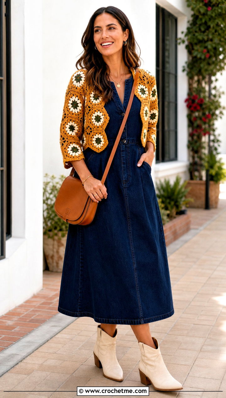 Hexagon Granny Square Bolero With Denim Dress - 35 granny square bolero outfit ideas
