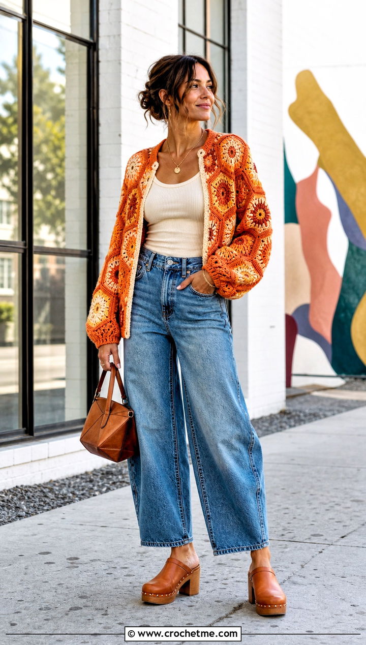 Hexagon Granny Square Cardigan With Barrel Jeans - 35 granny square crochet cardigan jacket outfit ideas