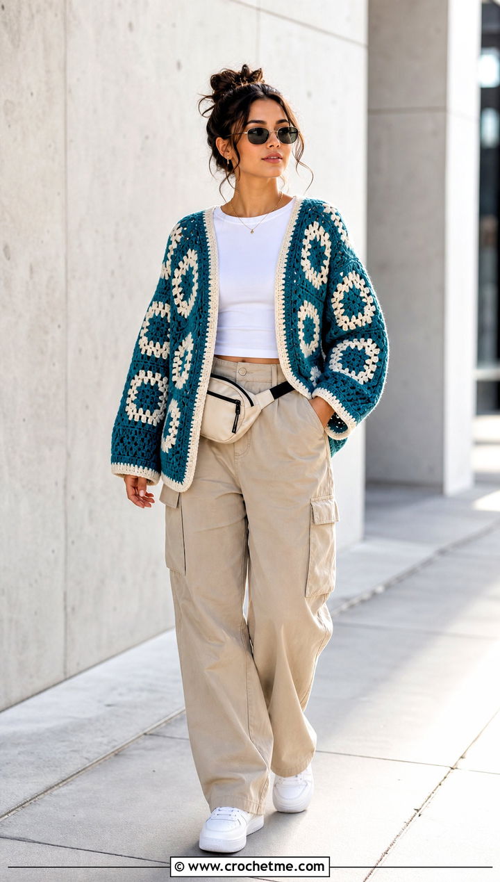Hexagon Granny Square Cardigan With Cargo Pants - 15 Never Off Granny Square Cardigan outfit ideas