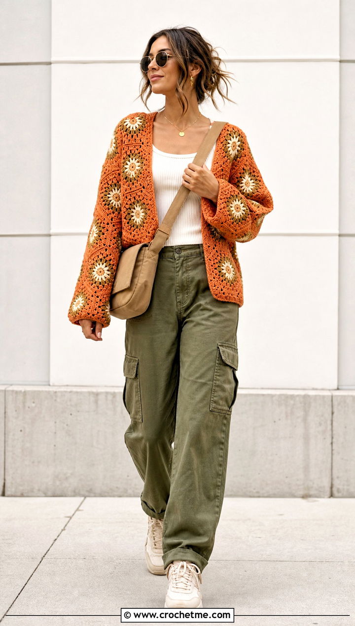 Hexagon Granny Square Cardigan With Cargo Pants - 25 For Granny Square Cardigan outfit ideas