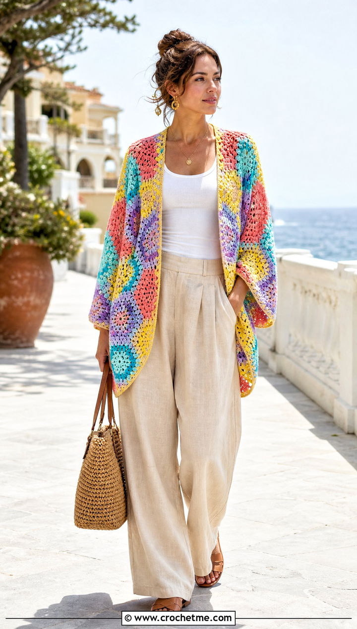 Hexagon Granny Square Cardigan With Linen Trousers - 25 pastel granny square cardigan outfit ideas