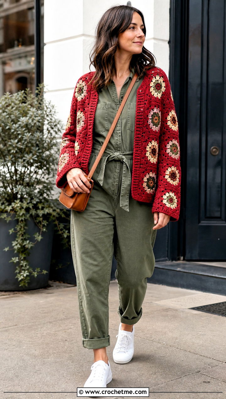 Hexagon Granny Square Cardigan With Utility Jumpsuit - 15 Everyday Granny Square Cardigan outfit ideas