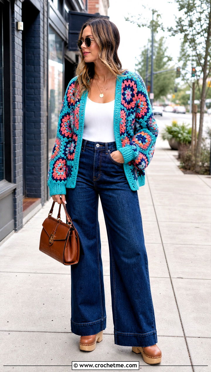 Hexagon Granny Square Cardigan With Wide Leg Jeans - 20 boho granny square cardigan outfit ideas