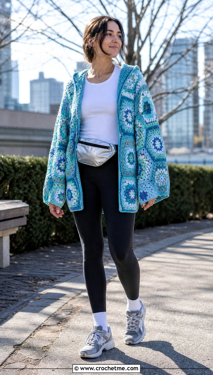 Hexagon Granny Square Hooded Cardigan With Leggings - 25 Granny Square Hooded Cardigan outfit ideas