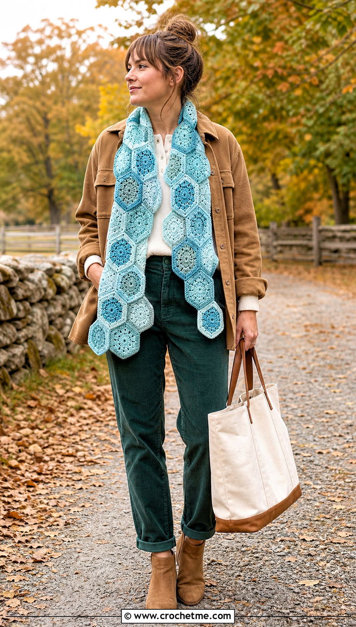 Hexagon Granny Square Scarf With Shacket And Corduroy Pants - 35 granny square crochet scarf outfit ideas