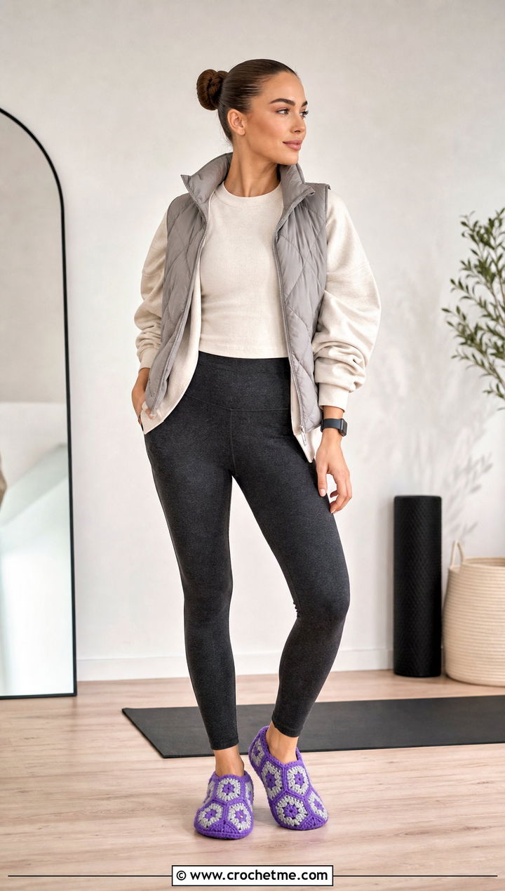 Hexagon Granny Square Slippers With Leggings And Sweatshirt - 35 granny square slippers outfit ideas