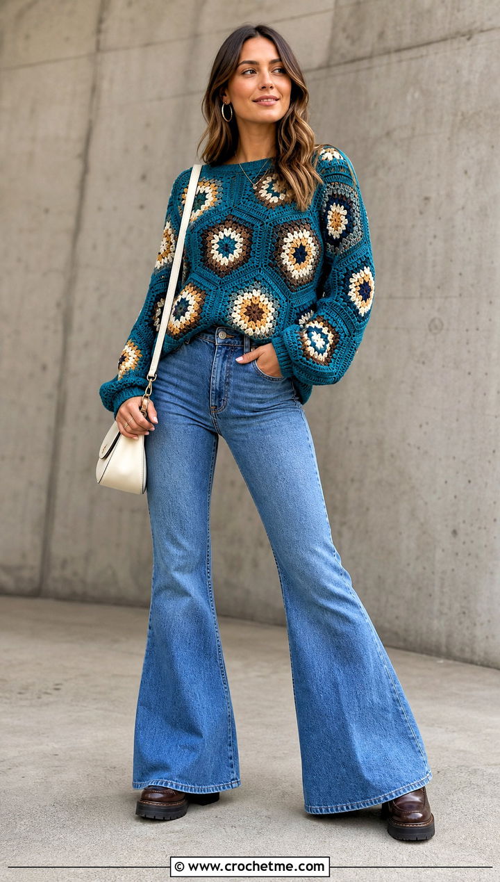 Hexagon Granny Square Sweater With Flared Jeans - 30 crochet sweater with granny squares outfit ideas