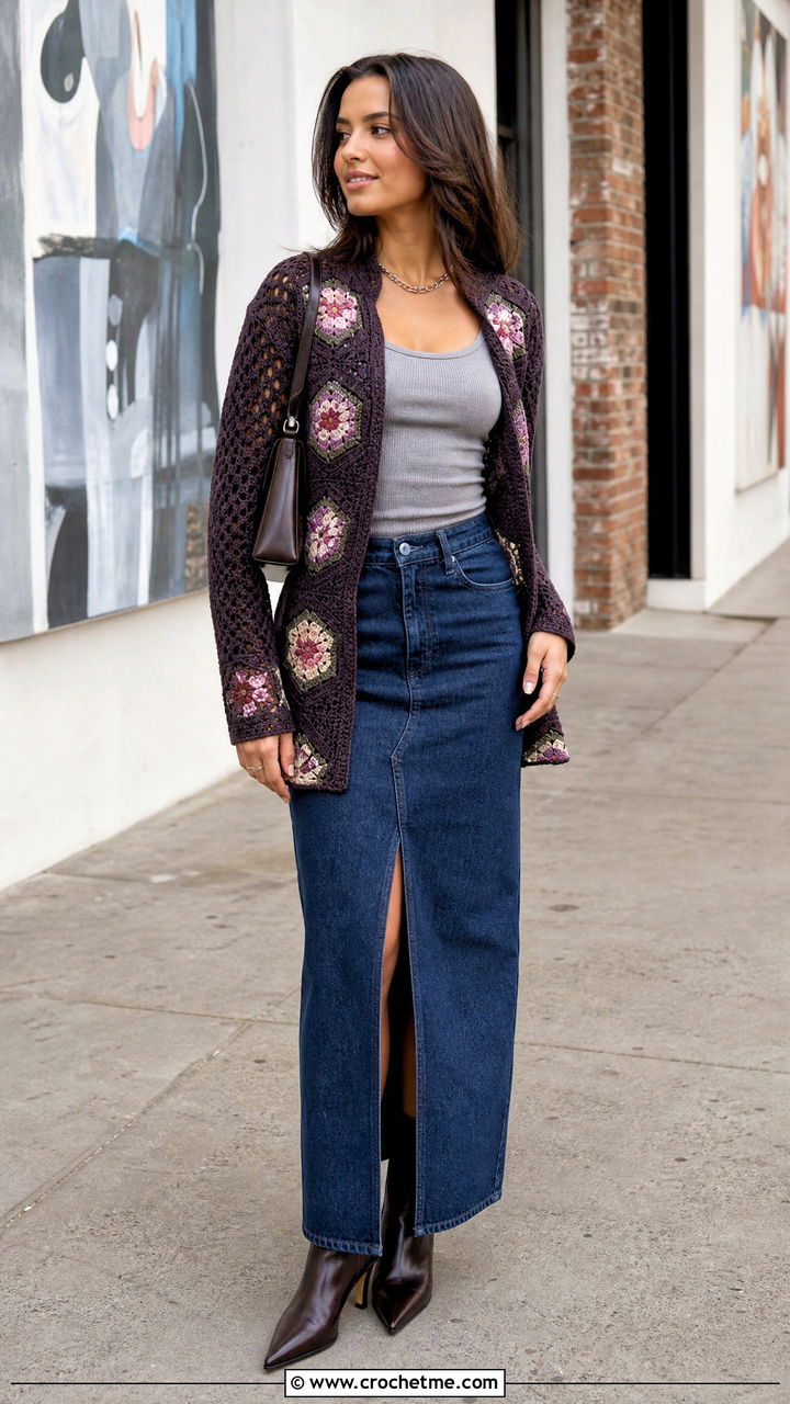 Hexagon Granny Stitch Cardigan With Denim Maxi Skirt - 35 Big Granny Square Cardigan outfit ideas