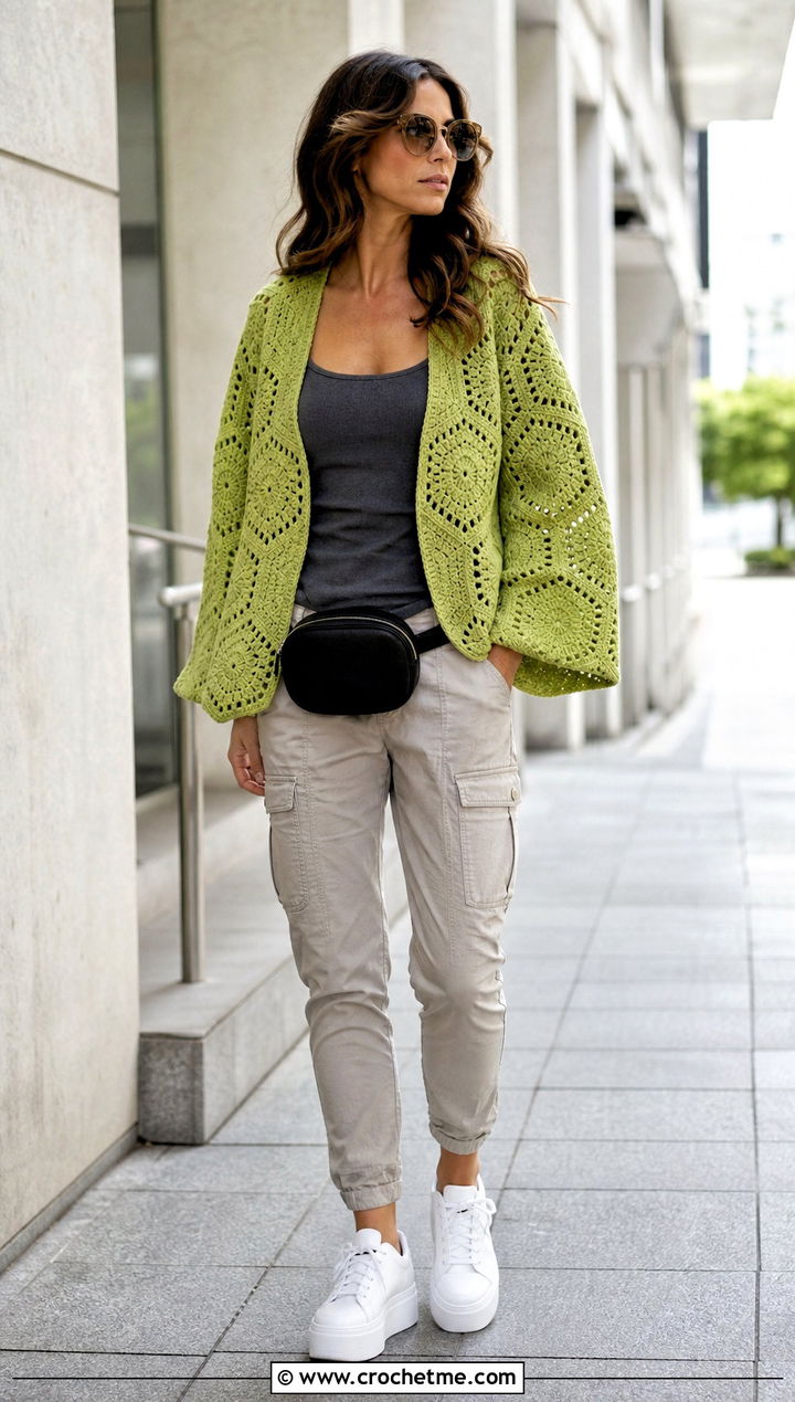 Hexagon Granny Stitch Crochet Cardigan With Cargo Pants - 25 Crochet Cardigan From Square outfit ideas