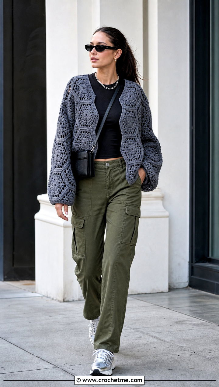 Hexagon Gray Crochet Cardigan With Cargo Pants - 15 Gray Crochet Cardigan outfit ideas