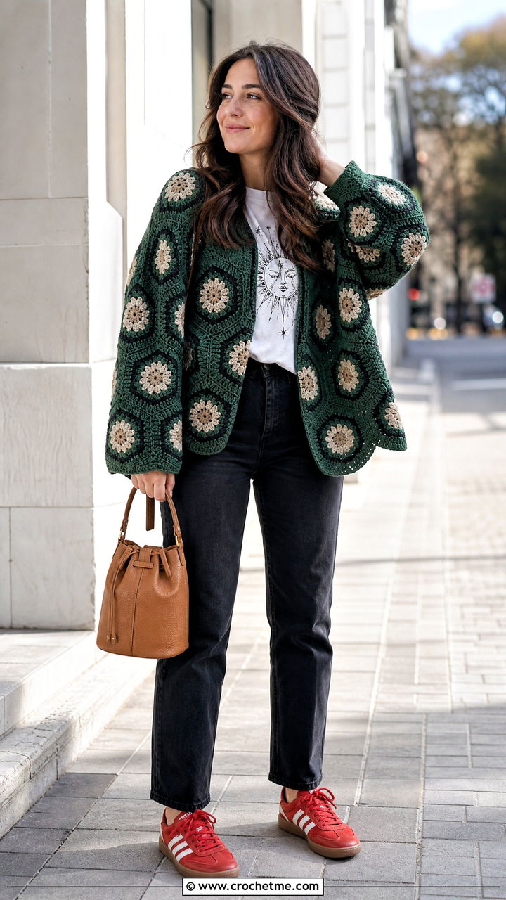 Hexagon Green Crochet Cardigan Sweater With Graphic Tee - 35 green crochet sweater outfit ideas