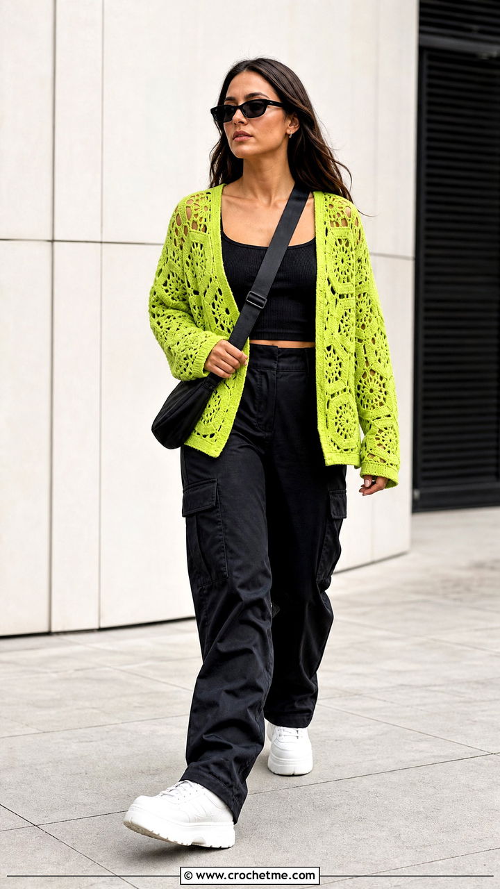 Hexagon Green Crochet Cardigan With Black Cargo Pants - 35 green crochet cardigan outfit ideas