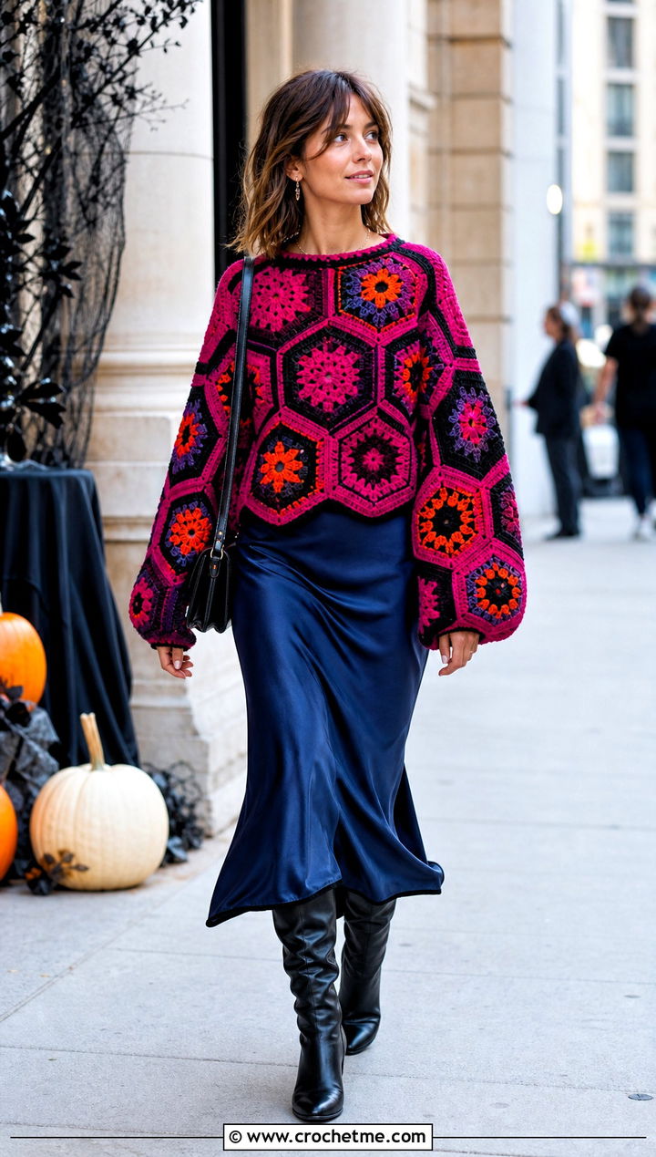 Hexagon Halloween Crochet Jumper With A Slip Skirt And Boots - 15 Halloween Crochet Jumper outfit ideas
