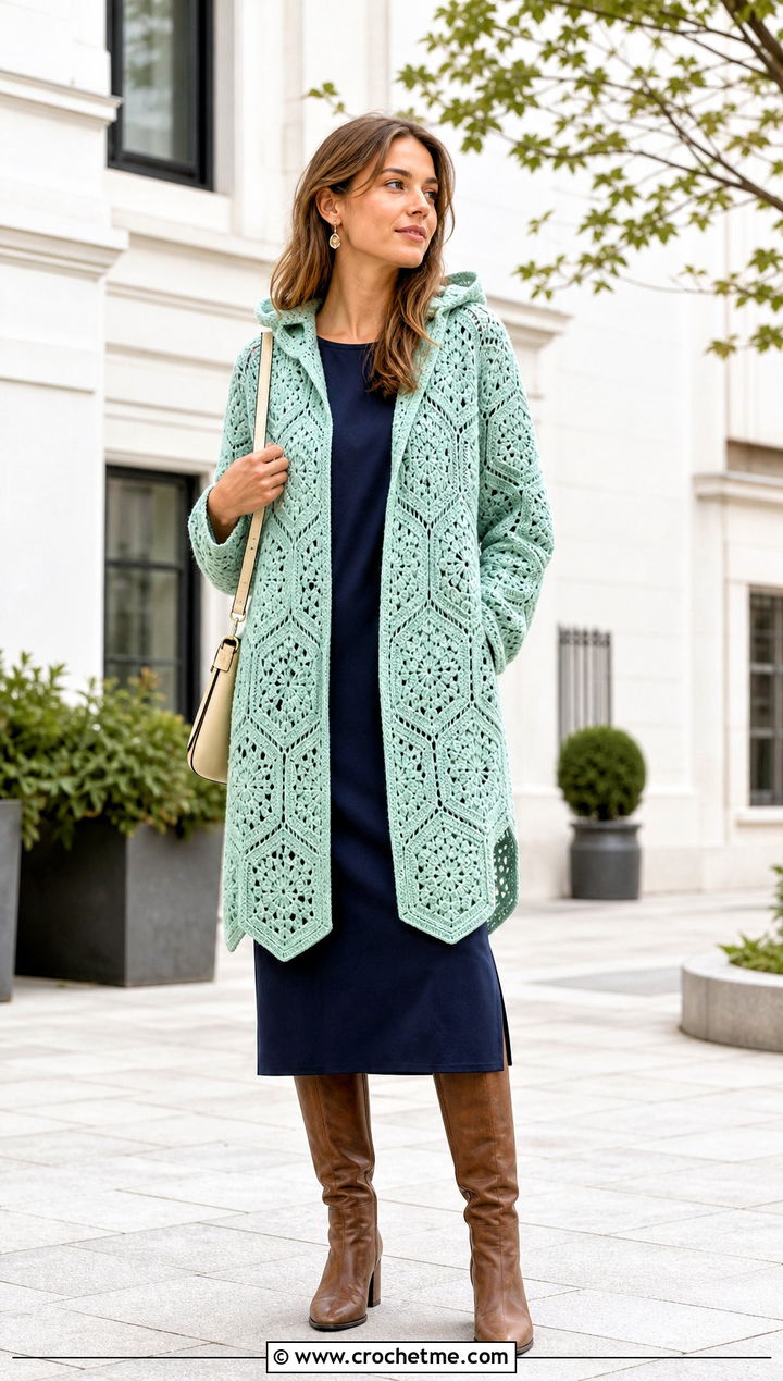 Hexagon Hooded Crochet Cardigan Sweater With Column Dress - 25 Hooded Crochet Sweater outfit ideas