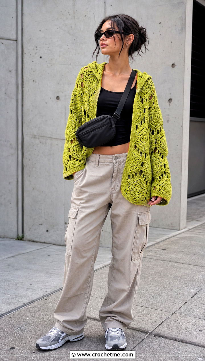 Hexagon Hooded Granny Square Cardigan With Cargo Pants - 30 granny square cardigan with hood outfit ideas