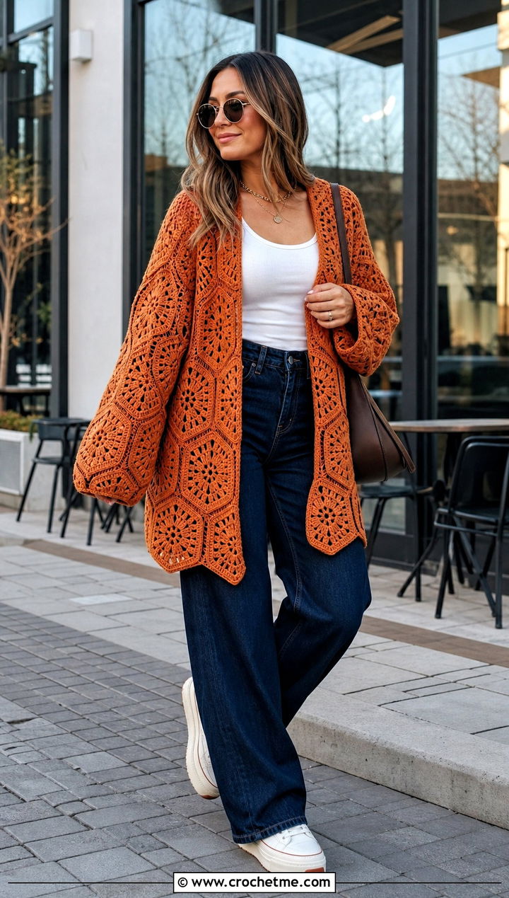 Hexagon Kimono Cardigan With Wide Leg Jeans - 25 kimono crochet cardigan outfit ideas