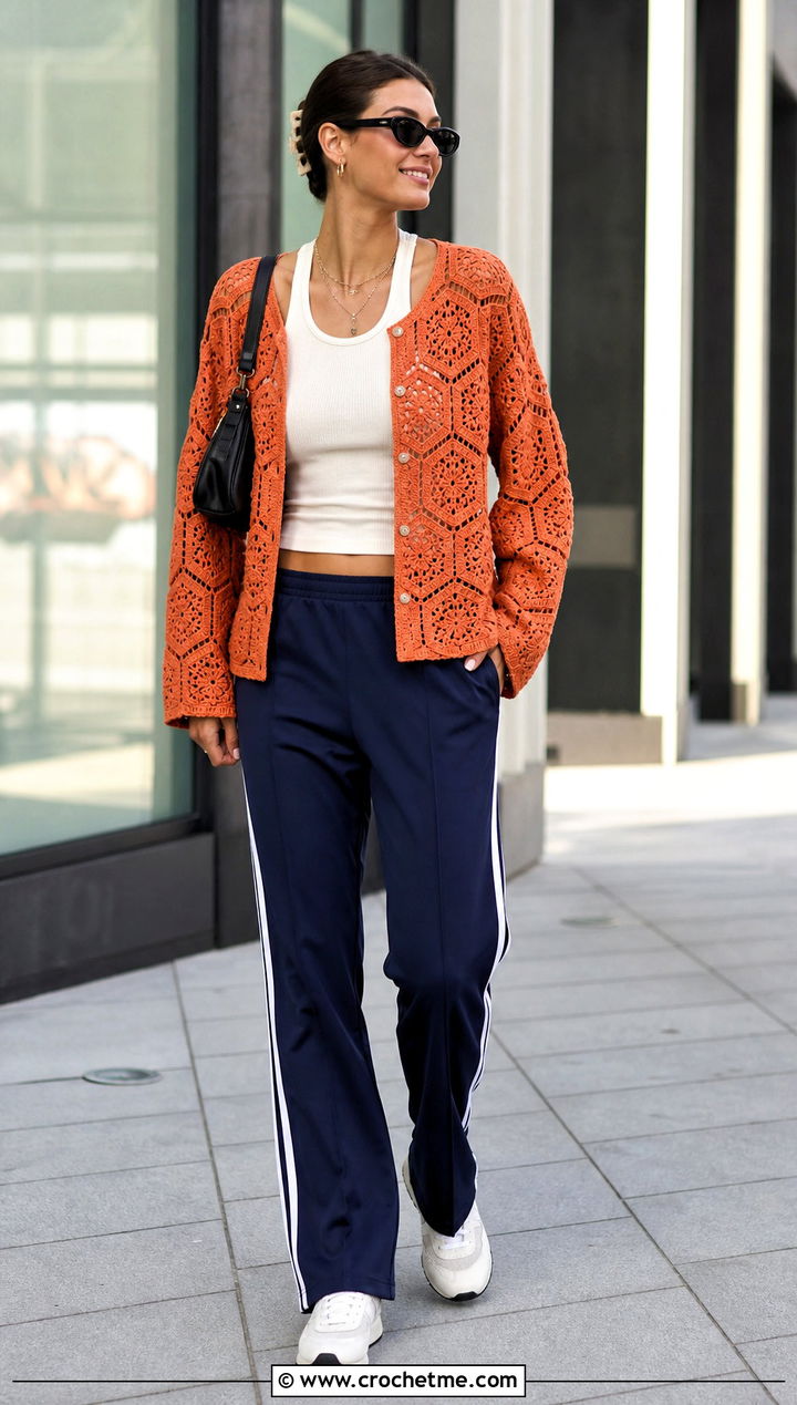 Hexagon Lace Crochet Cardigan With Track Pants - 25 Lacy Crochet Cardigan outfit ideas