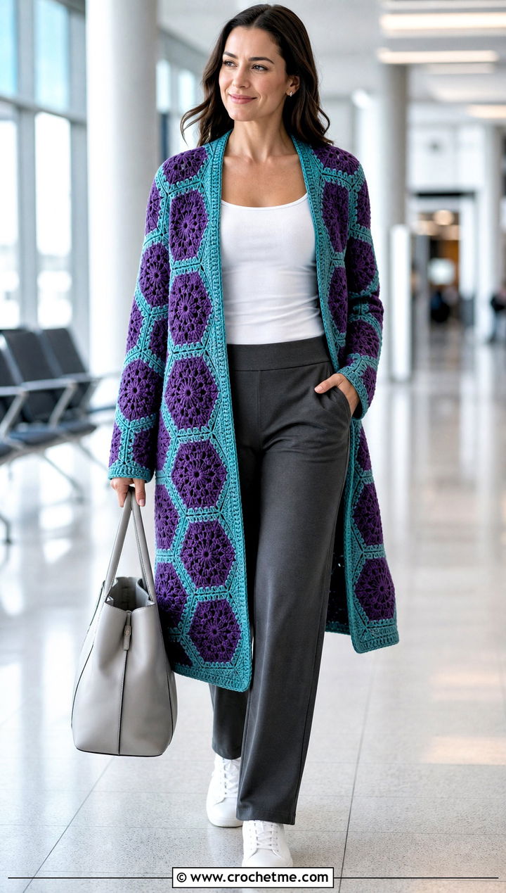 Hexagon Long Granny Square Cardigan With Knit Pants - 35 long granny square cardigan outfit ideas
