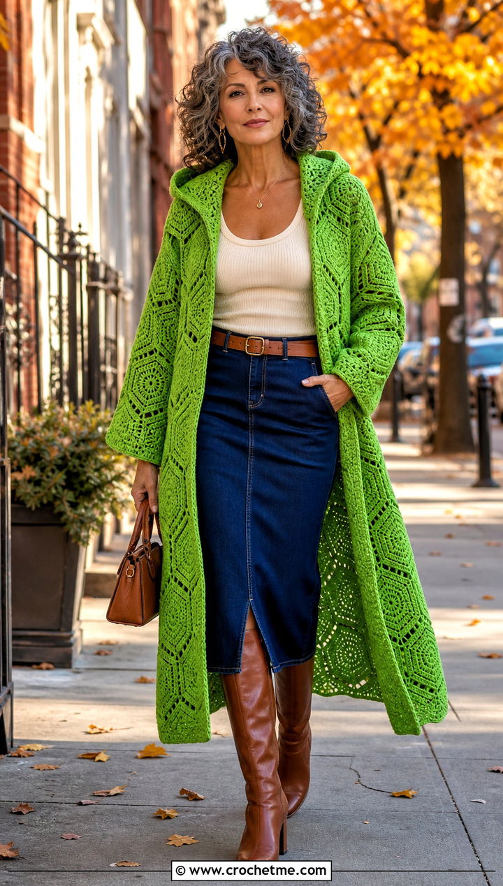 Hexagon Long Hooded Cardigan With Denim Skirt - 25 crochet long hooded cardigan outfit ideas