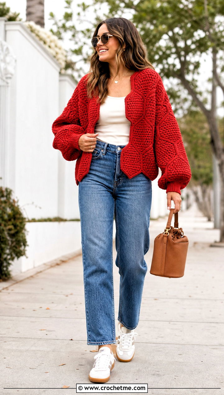Hexagon Moss Stitch Cardigan With Straight Leg Jeans - 30 crochet moss stitch cardigan outfit ideas