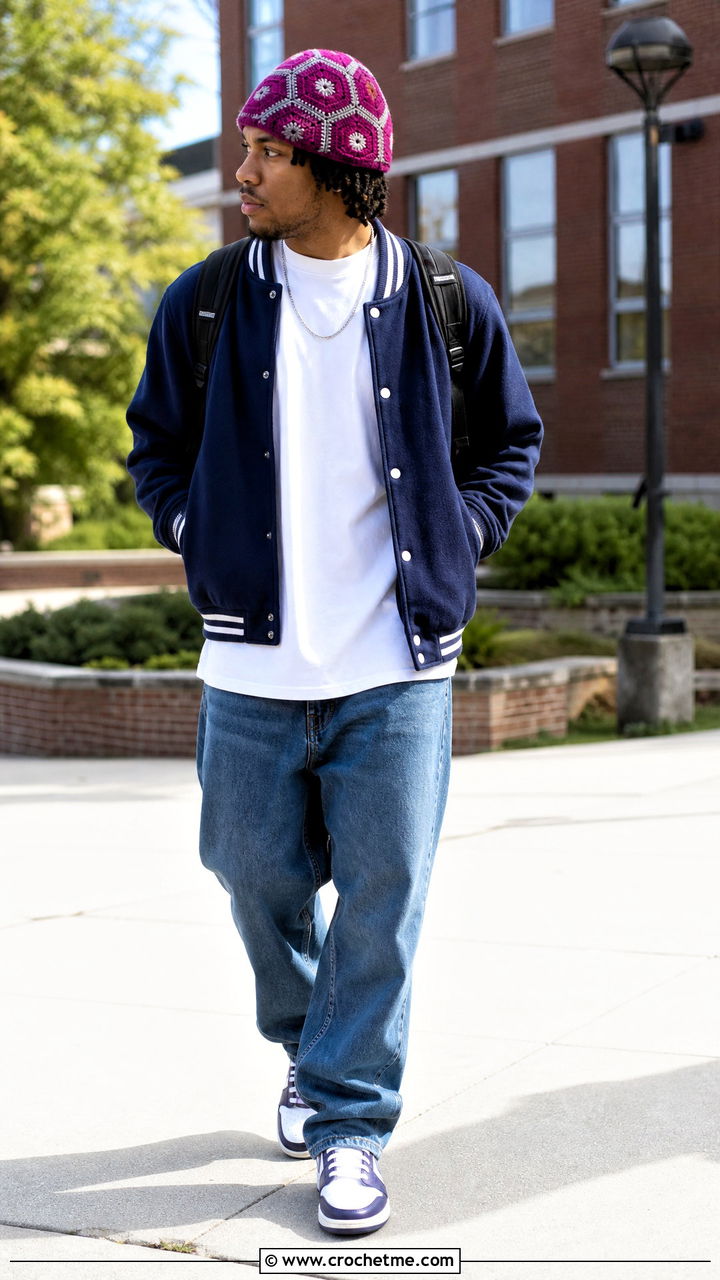 Hexagon Motif Crochet Beanie With Varsity Jacket And Jeans - 35 crochet hat men outfit ideas