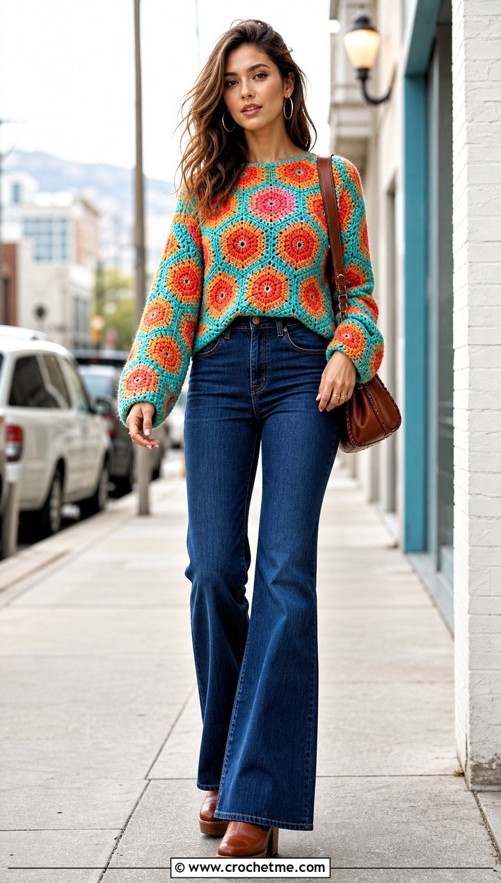Hexagon Motif Crochet Block Sweater With Flared Jeans - 30 crochet block sweater outfit ideas