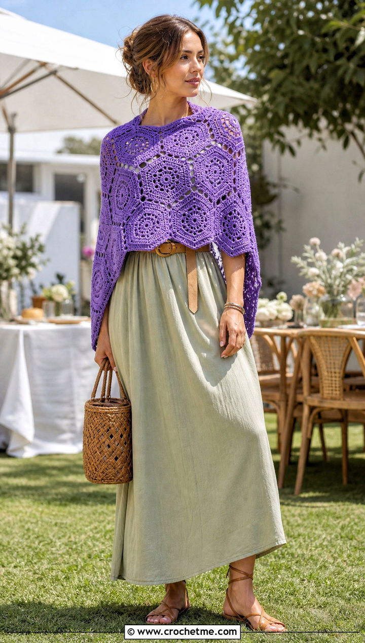 Hexagon Motif Crochet Boho Shawl With Maxi Dress - 30 crochet boho shawl outfit ideas