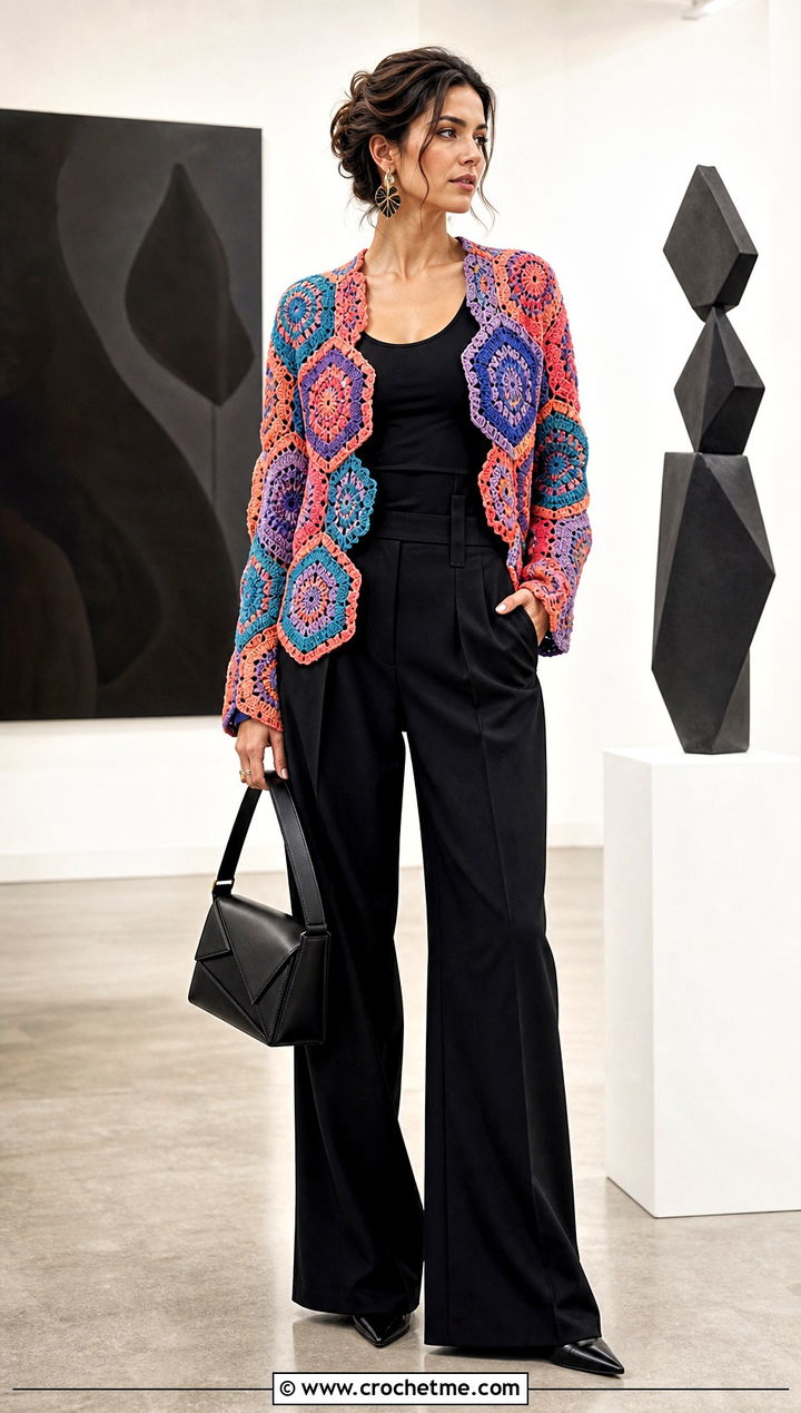 Hexagon Motif Crochet Cardigan With Black Tailoring - 35 hexi crochet cardigan outfit ideas