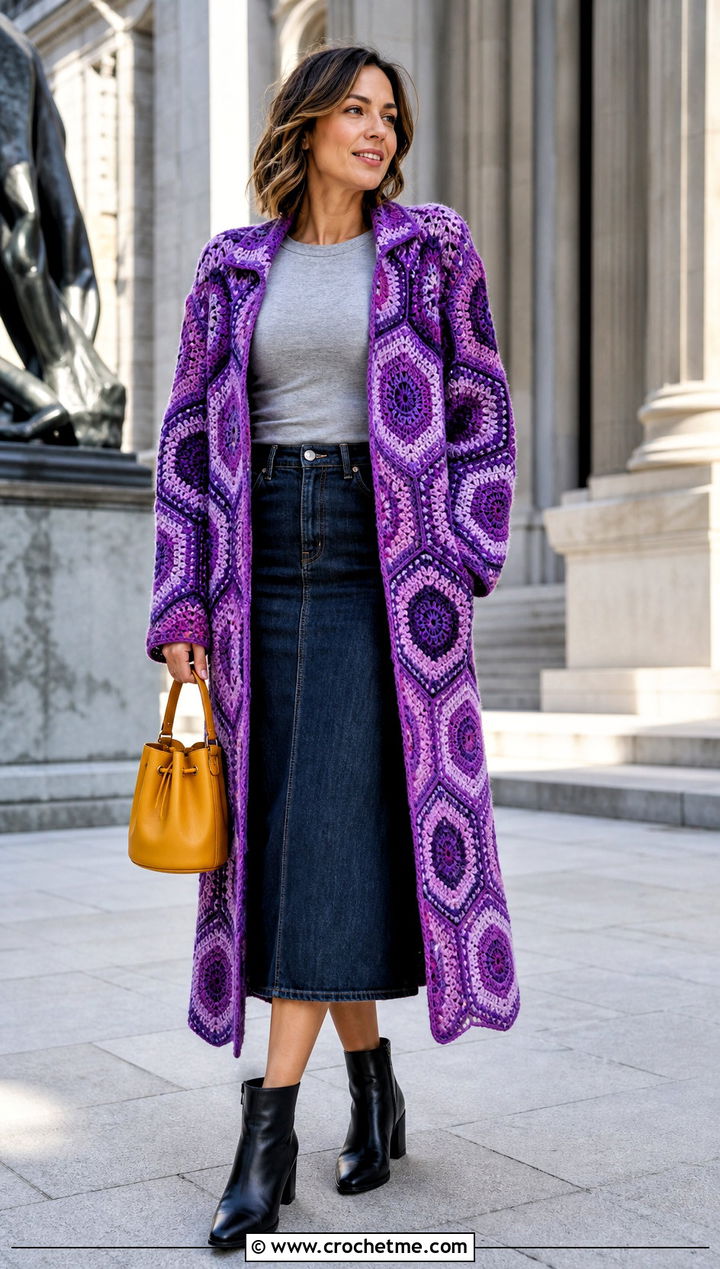 Hexagon Motif Crochet Coat With A Denim Midi Skirt - 25 Crochet Coat For Women outfit ideas