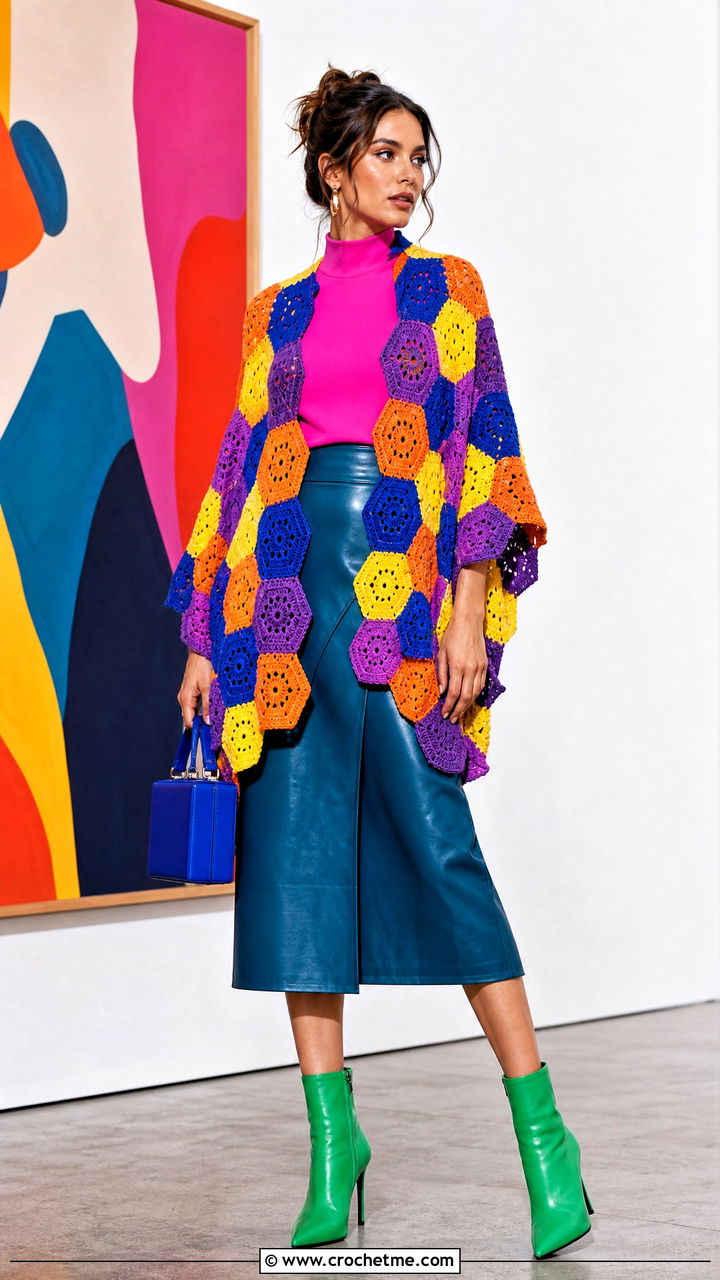 Hexagon Motif Crochet Shawl With A Leather Midi Skirt - 35 crochet shawl outfit ideas