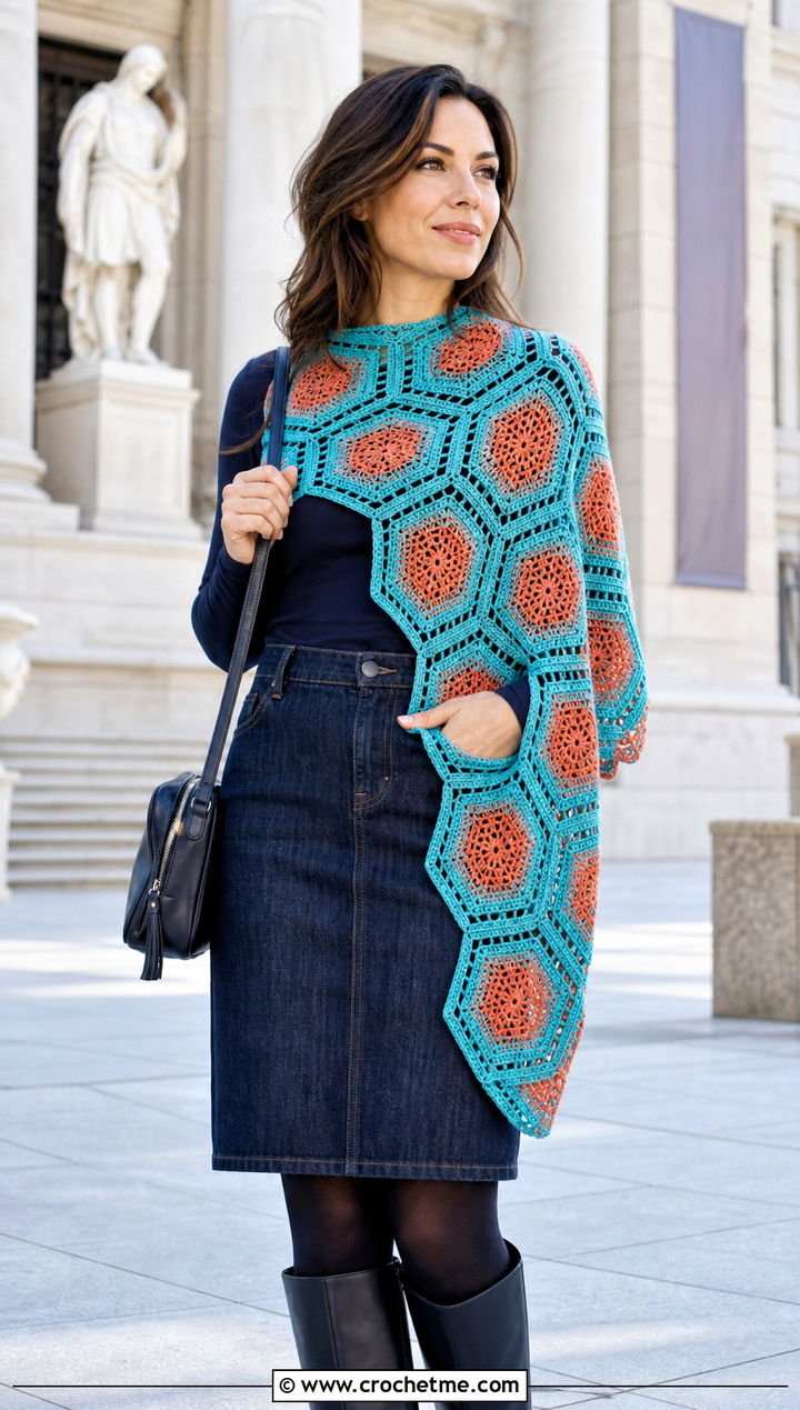Hexagon Motif Crochet Shawl With Denim Midi Skirt - 30 winter crochet shawl outfit ideas