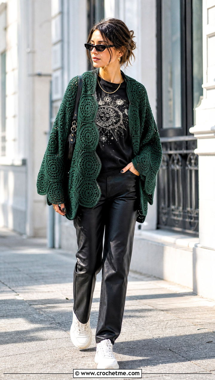 Hexagon Motif Crochet Shawl With Graphic Tee And Leather Pants - 35 easy crochet shawl outfit ideas