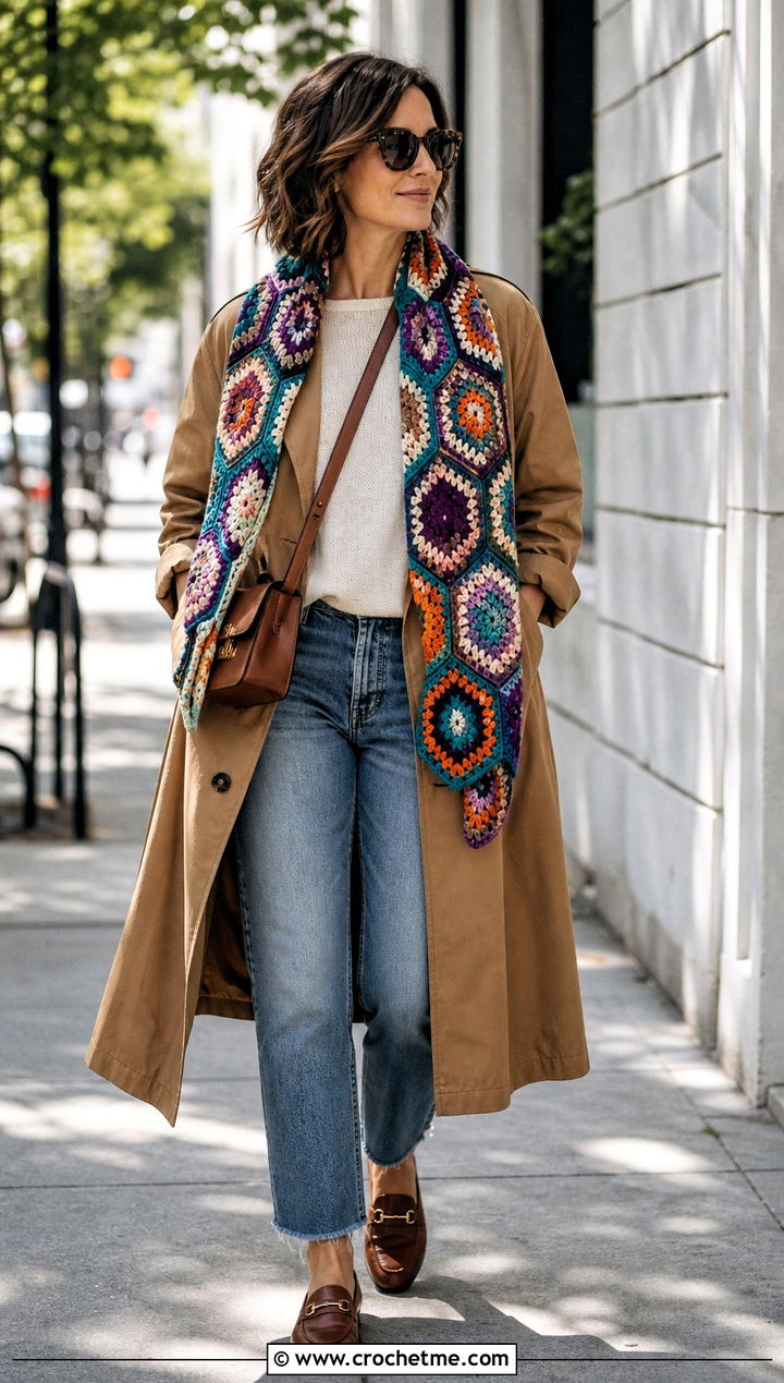 Hexagon Motif Crochet Shawl With Trench Coat And Jeans - 30 crochet shawl wrap outfit ideas