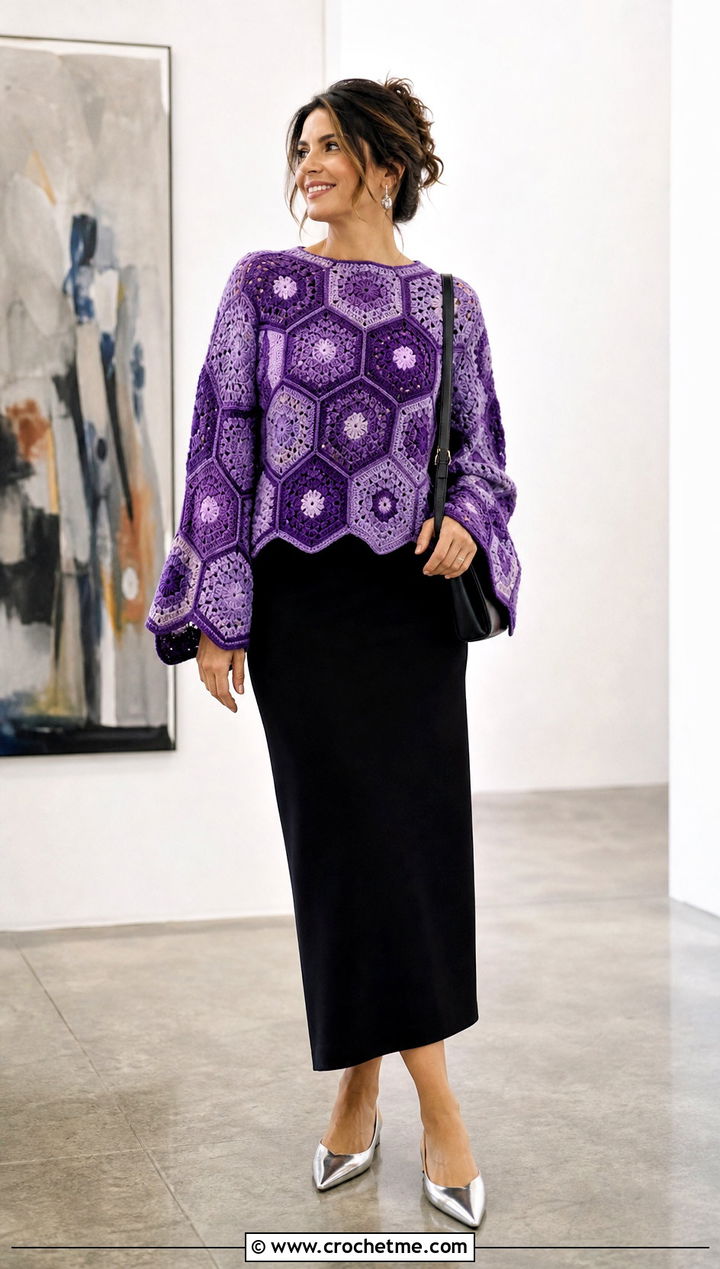 Hexagon Motif Crochet Sweater With Column Skirt - 25 handmade crochet sweater outfit ideas