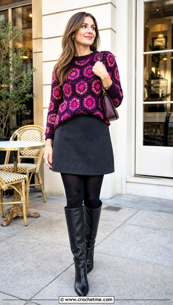 Hexagon Motif Crochet Sweater With Mini Skirt - 35 cute crochet sweater outfit ideas