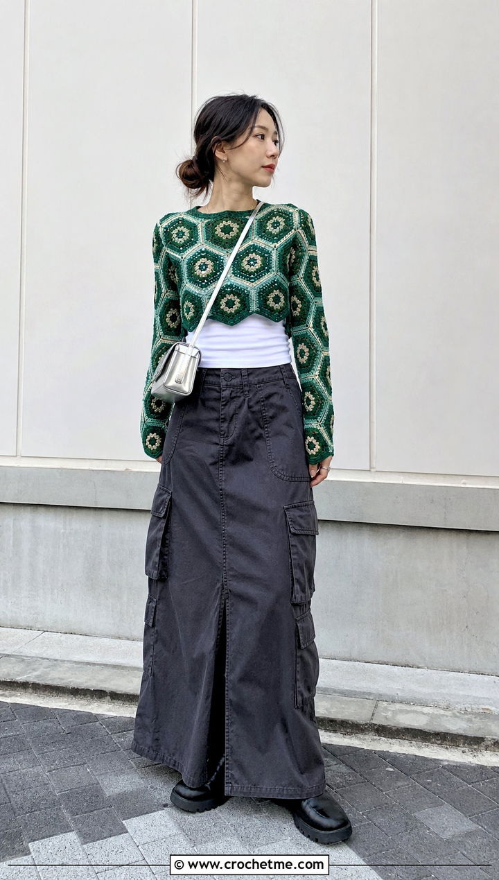 Hexagon Motif Cropped Crochet Sweater With Cargo Maxi Skirt - 35 crop crochet sweater outfit ideas